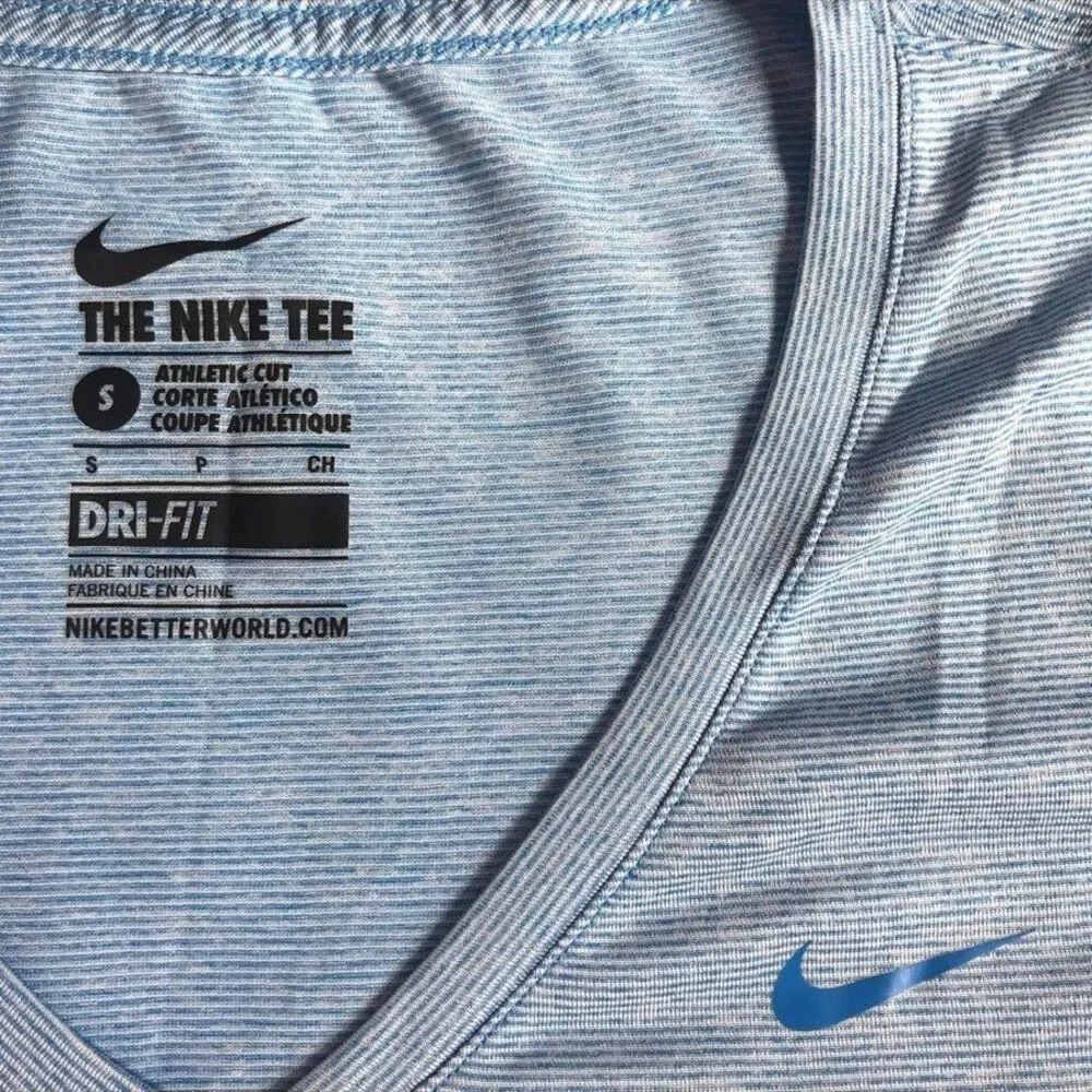 Nike Women's S V-Neck Legend Dri-Fit Blue White Stripe T-shirt Short Sleeve Tee